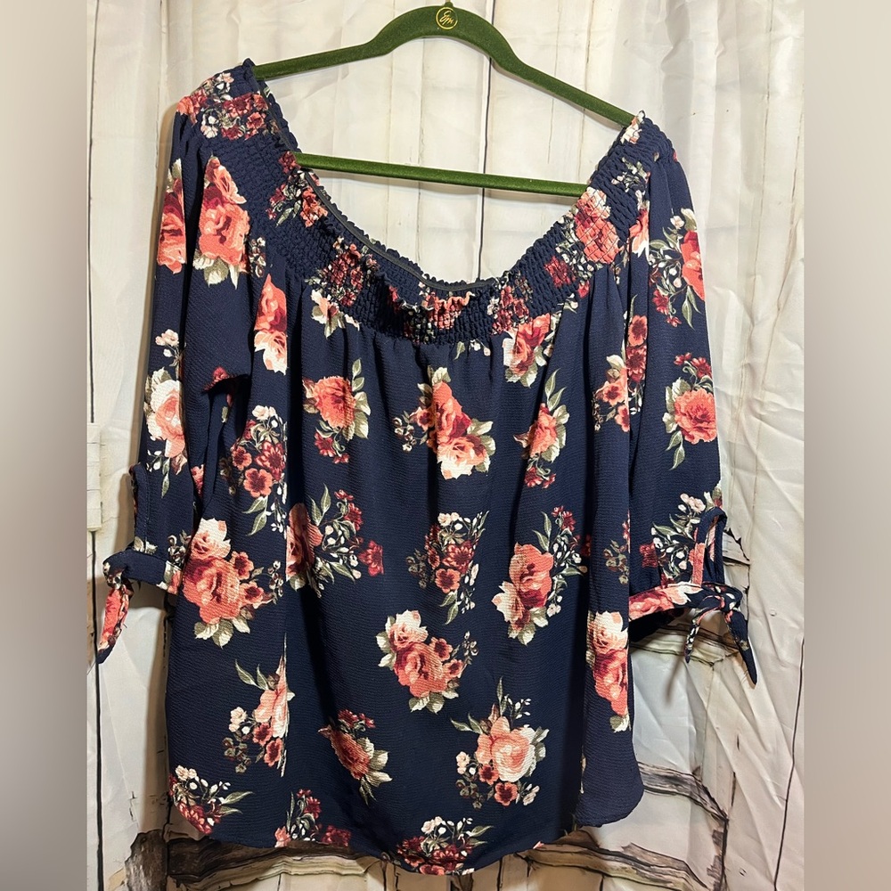 Rue Rue+ Womens Top 3X Blue Red Floral Boho Cottagecore Off Shoulder Top